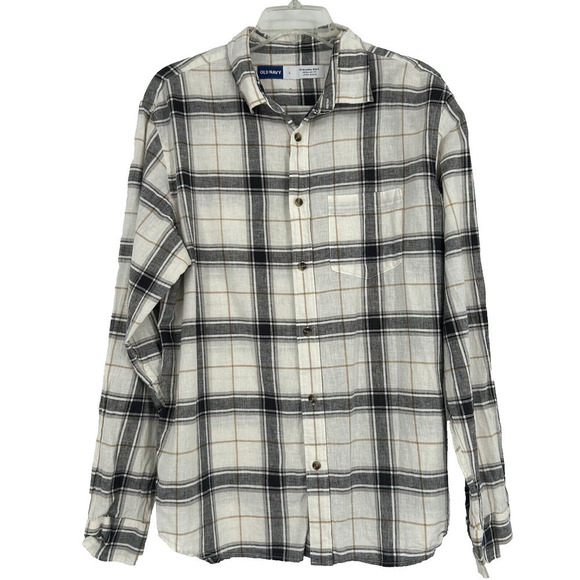 Old Navy Womens Linen Blend Everyday Shirt Plaid Button Up Black White Size L - Picture 1 of 10